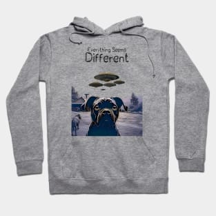 UFOs: Everything Seems Different.  Dog Thinks UFOs Are Real on a light (Knocked Out) background Hoodie